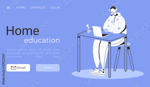 Home education.Student studies online at home.character sits at the table, looks at the laptop.Flat vector illustration.