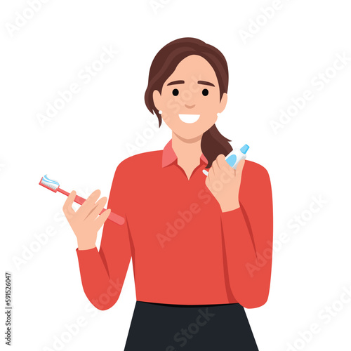 Woman brushing teeth in the bathroom in flat design. Female cleaning teeth to prevent tooth decay. Dental hygiene with toothbrush and toothpaste.