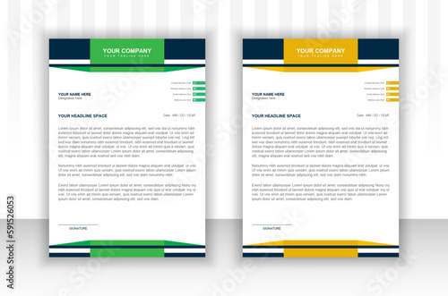 Modern business letterhead design with two color variations and unique shape for professional business.