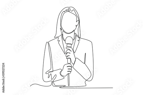 Continuous one line drawing Anchor woman holding mic with reporting news. News anchor concept. Single line draw design vector graphic illustration.