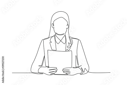 Continuous one line drawing female news anchor reading script. News anchor concept. Single line draw design vector graphic illustration.