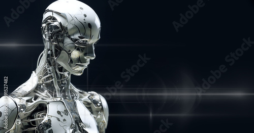 Cyborg  ai and robotics on mockup in futuristic technology  cyberspace or android machine against a dark studio background. Cyber man in artificial intelligence  data innovation or future robot
