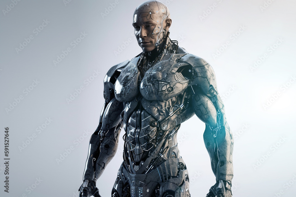 AI technology, sci fi and cyborg man, futuristic robot or fantasy warrior character for RPG, gaming or cyberpunk. Studio machine, android transformation or robotic humanoid model on grey background - obrazy, fototapety, plakaty 