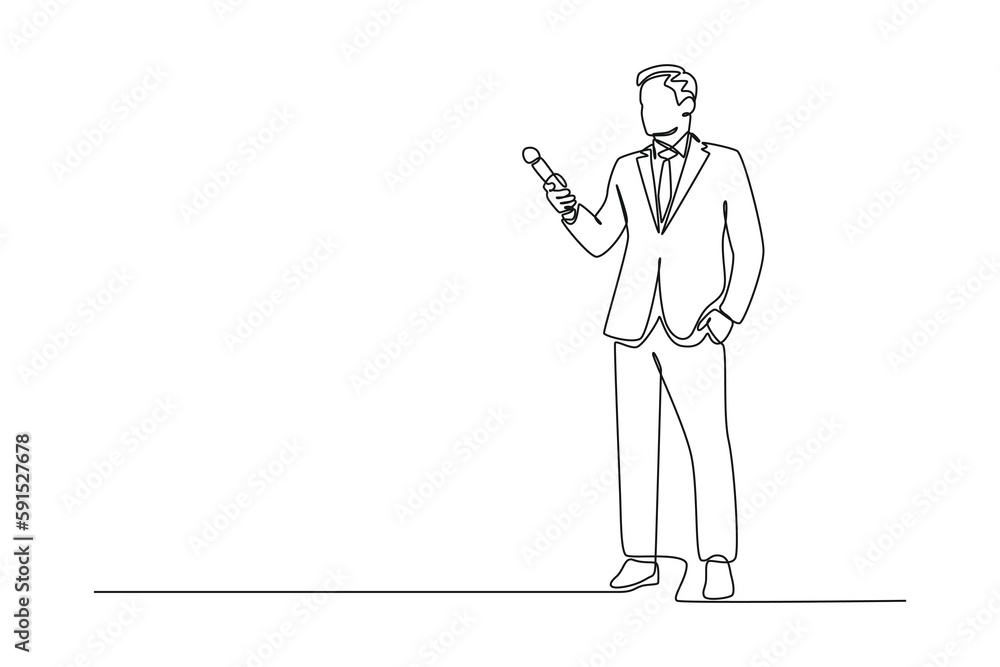 Continuous one line drawing The news anchor stands with a microphone looking obliquely to the front. News anchor concept. Single line draw design vector graphic illustration.
