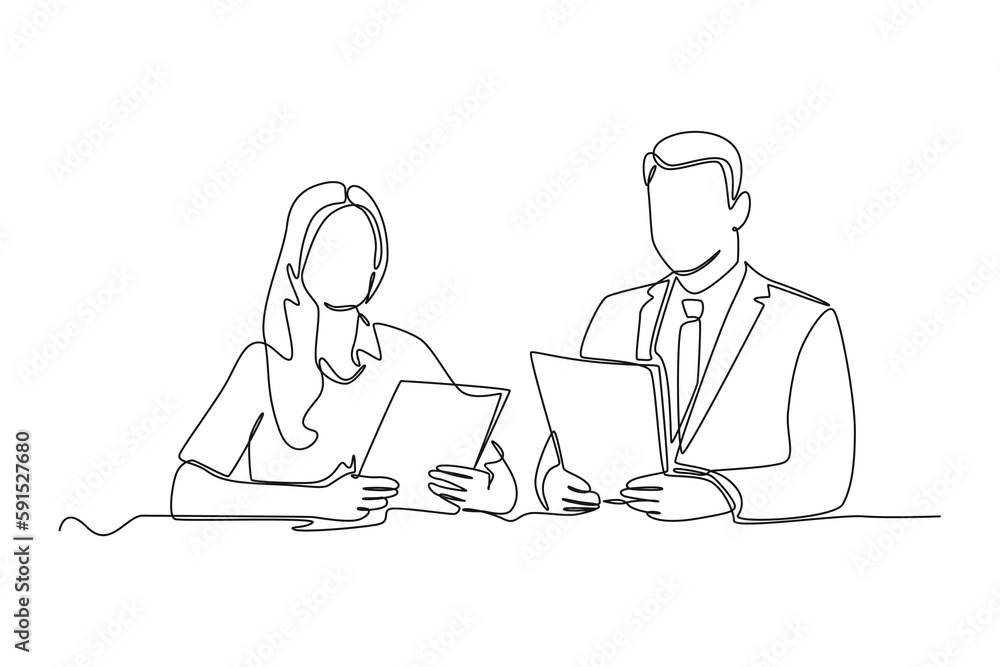 Continuous one line drawing two news anchors read new scripts. News anchor concept. Single line draw design vector graphic illustration.