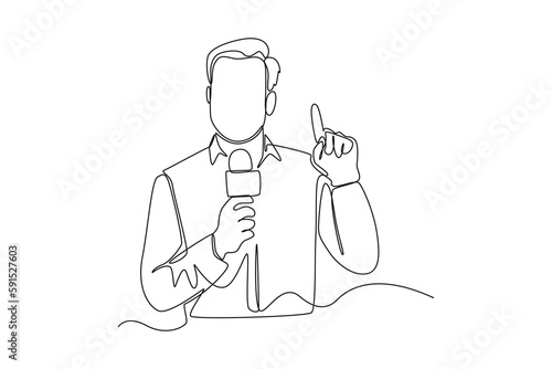 Continuous one line drawing Anchorman holding mic with reporting news. News anchor concept. Single line draw design vector graphic illustration.