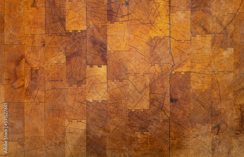 Close up of the top of a professional butcher block table as a background