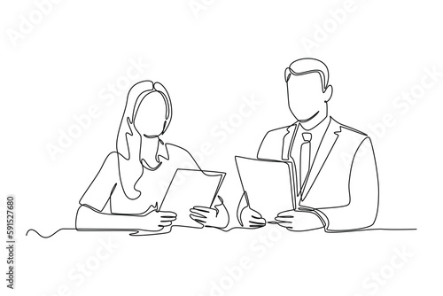 Continuous one line drawing two news anchors read new scripts. News anchor concept. Single line draw design vector graphic illustration. photo