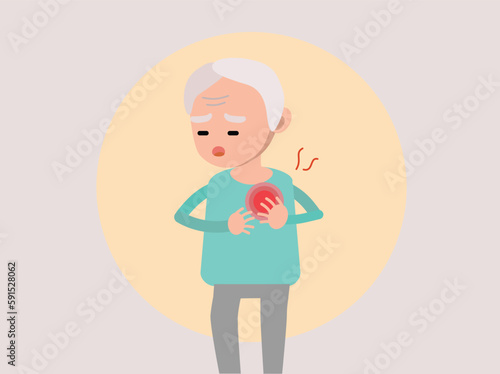 Old man with heart attack, pain touching chest. Heart treatment, health care and disease diagnostic concept. Vector flat illustration. Design for bannerใ