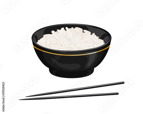 Cooked white rice in black bowl and chopsticks isolated on white background. Vector cartoon illustration of food.