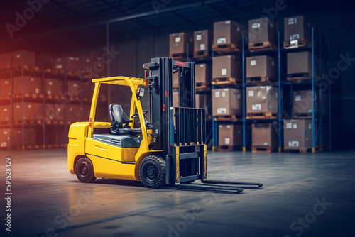 yellow forklift in a warehouse with cardboard boxes.logistics and delivery concept. ai generative
