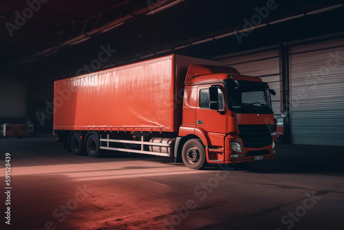 a truck with a trailer is in a warehouse waiting for loading. logistics and delivery concept. ai generative