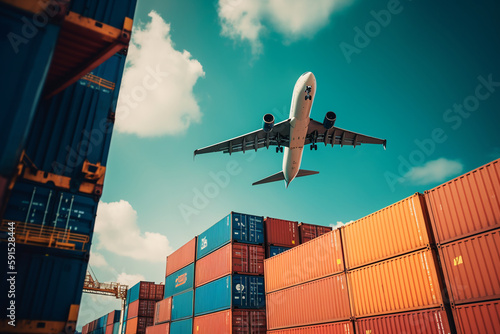 The plane flies over the logistics cargo containers. concept of logistics and delivery. ai generative