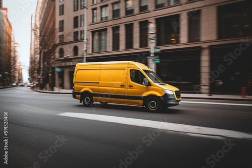 A yellow delivery van drives fast through the city. logistics and delivery concept.ai generative