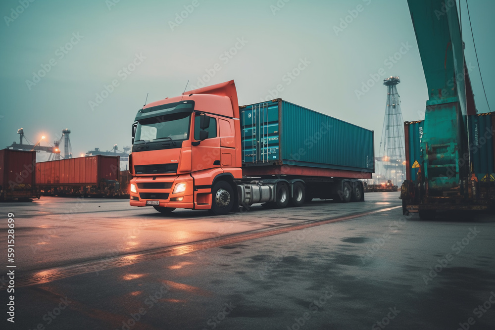 the truck stands in the industrial port against the background of containers during unloading. concept of logistics and delivery service. ai generative