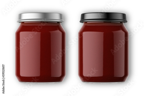 Tomato pure glass jar with metal cap mockup isolated on white background. 3d rendering.