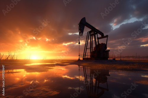 Oil field at sunset, extraction of oil or other natural resources from the ground. Generative ai