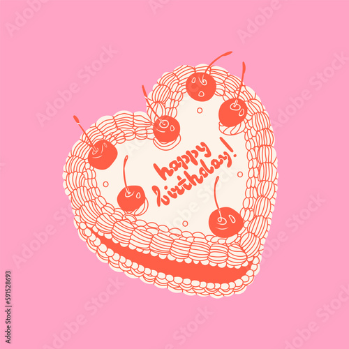White and red Cake with cherries and cream. Happy birthday text. Retro style. Sweet tasty food. Hand drawn trendy Vector illustration. Isolated design element. Party, celebration, birthday concept