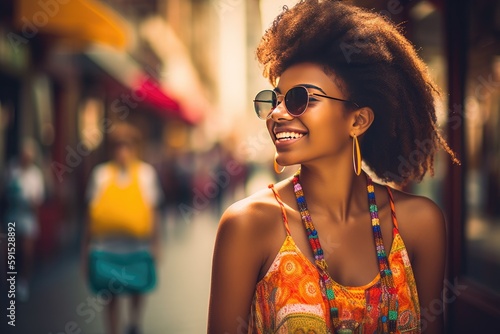 Happy luxury African woman travel shopping in urban city, vibrant, fashion, contemporary, lifestyle, generative AI © Nattawat