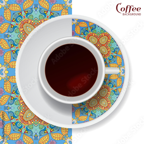 Cup of coffee with colorful ornament on a saucer and vertical seamless floral geometric pattern. Business coffee break concept, interior design background. Isolated coffee cup and plate decor element