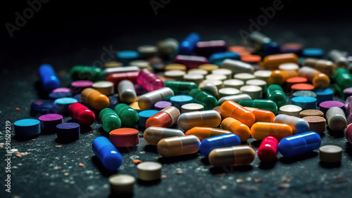 A Dangerous Scene: A Bunch of Medicine, Pills, Drugs Scattered on the Ground. Ai Generative.