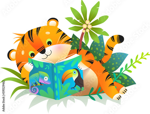 Cute baby tiger character for children reading a book or study among the tropical leaves. Colorful animal character for kids reading book projects studying or library. Vector animal education clipart.