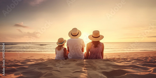 Familie sitzt im Urlaub am Strand im Sonnenuntergang  generative AI