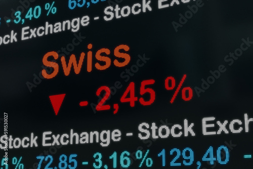 Zurich stock exchange moving down. Zurich  Swiss negative stock market data on a trading screen. Red percentage sign and ticker information. Stock exchange and business concept. 3D illustration