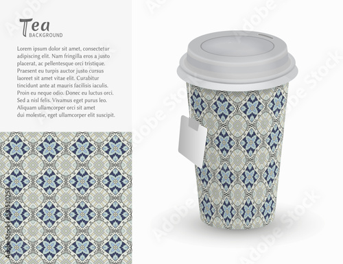 Cardboard paper cup of tea with ornament and seamless geometric pattern. Take away tea packaging template, isolated design elements for coffee shop, restaurant menu. Realistic vector cup