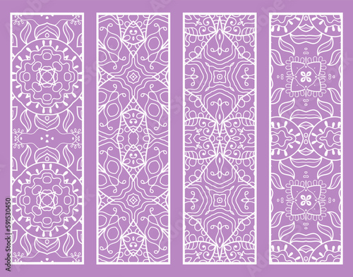 Decorative geometric line borders with repeating texture. Tribal ethnic arabic, indian, turkish ornament, bookmarks templates set. Isolated design elements. Stylized lace patterns collection