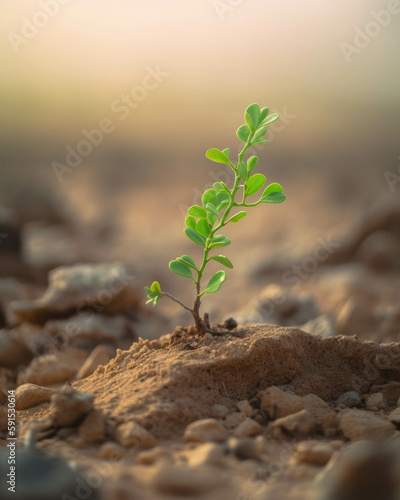Green shoots pushing through the dust creating a fragile beauty in the most barren of places. Abandoned landscape. AI generation.