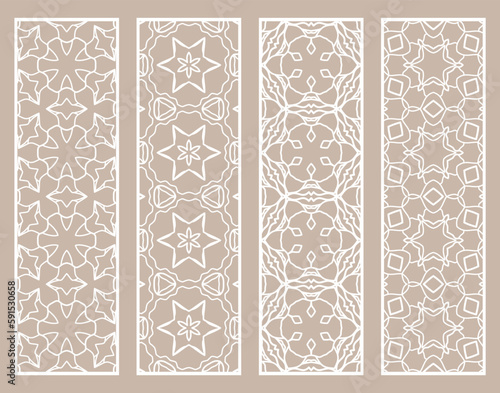 Decorative geometric line borders with repeating texture. Tribal ethnic arabic, indian, turkish ornament, bookmarks templates set. Isolated design elements. Stylized lace patterns collection