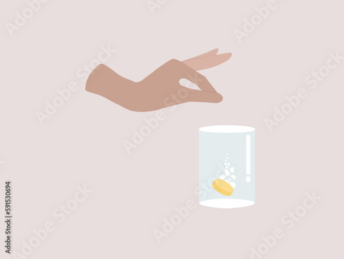 Soluble tablets in liquid with bubbles. Vector template for advertising aspirin, vitamin with other medical soluble drugs, dissolving process.
