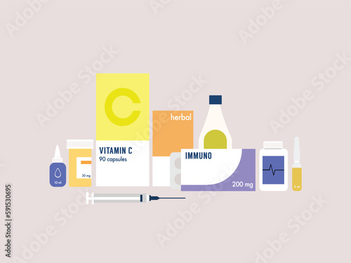 Pharmacy shelves with a set of medicine packages, bottles, blisters, and containers, disease treatment. Concept of pharmaceutics and medication. Flat style vector illustration.