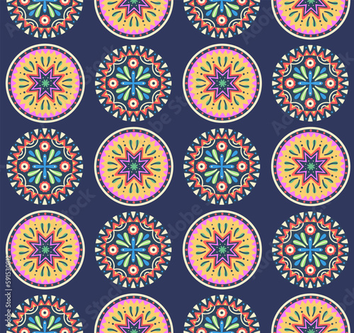 Seamless pattern with Mandala. Round symmetrical decorative ornament of abstract flowers, plants and geometric elements in the form of triangles on dark background. Mexican folk style. Vector