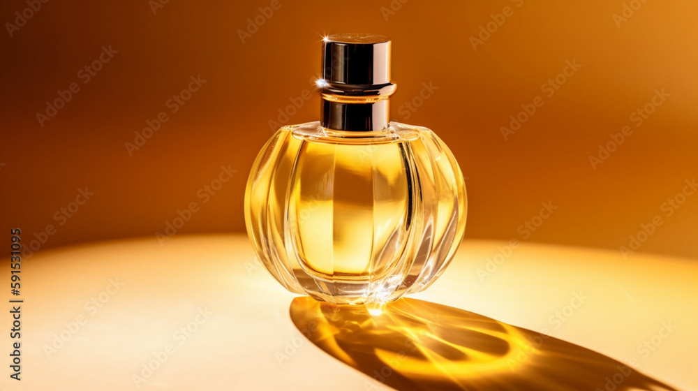 yellow bottle of perfume with silver cap on a yellow background generated by AI yellow bottle of perfume with silver cap on a yellow background generated by AI