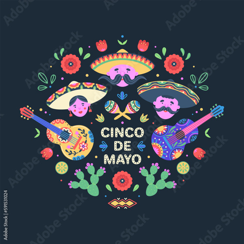 Cinco de Mayo celebration. Mexican holiday. Colorful vector illustration with mariachi singers, guitars and maracas, flowers and cacti on dark background. Design for greeting card, t-short, poster
