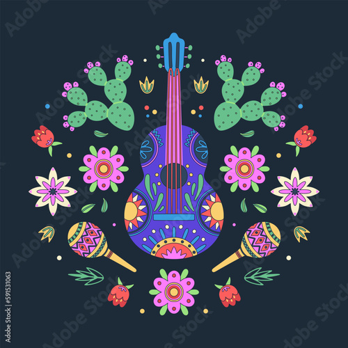 Cinco de Mayo celebration. Mexican holiday. Colorful vector illustration with decorated guitars and maracas in flowers and cacti on black background. Fiesta design for greeting card, t-short, poster