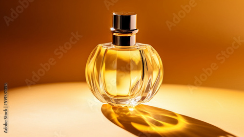 yellow bottle of perfume with silver cap on a yellow background generated by AI