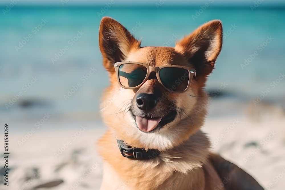 Happy dog on the beach, summer vacation, travel concept, generative ai Happy dog on the beach, summer vacation, travel concept, generative ai