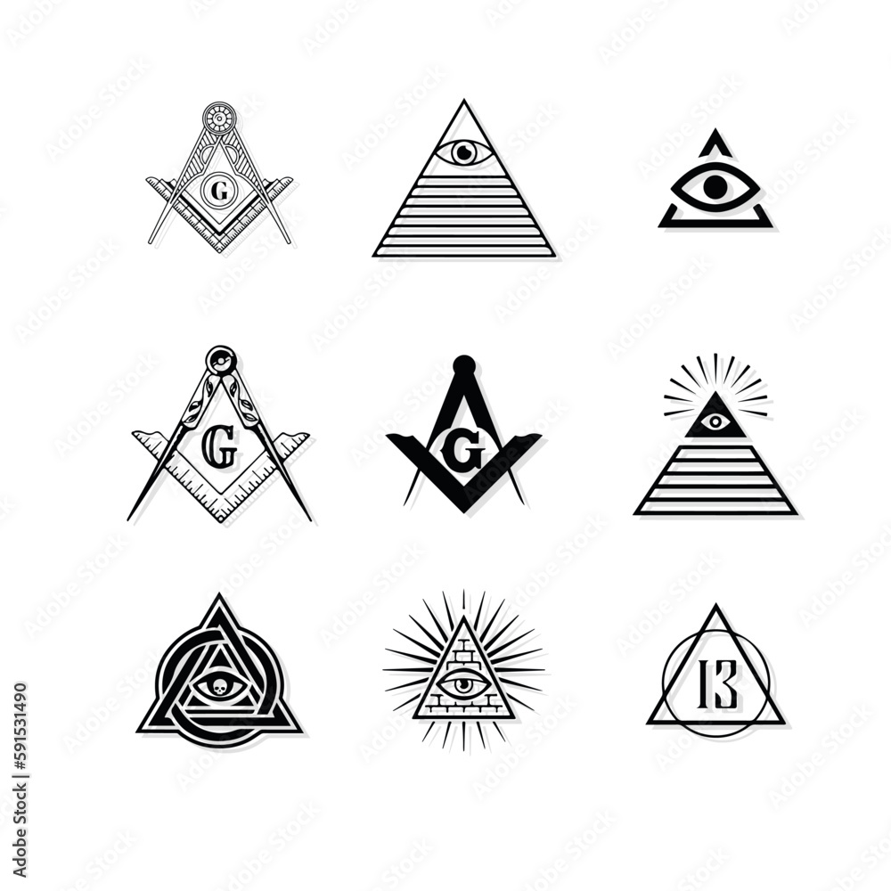 Vetor de Masonic pyramids, all-seeing eye icons and symbols of secret ...