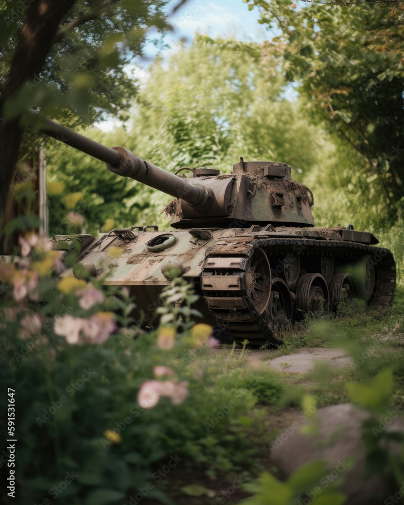 The once intimidating tank has become part of the landscape the trees flowers and vines growing up around it. Abandoned landscape. AI generation.