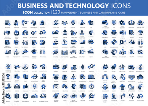 Business, data analysis, organization management and technology icon set. Teamwork, strategy, planning, marketing, cloud technology, data analysis, employee icon set. Icons vector collection