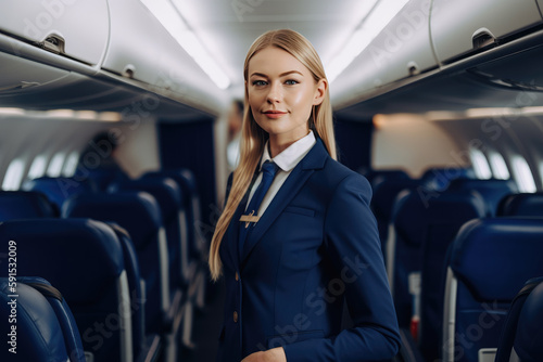 Beautiful  female stewardess at work on the airplane, generative AI photo