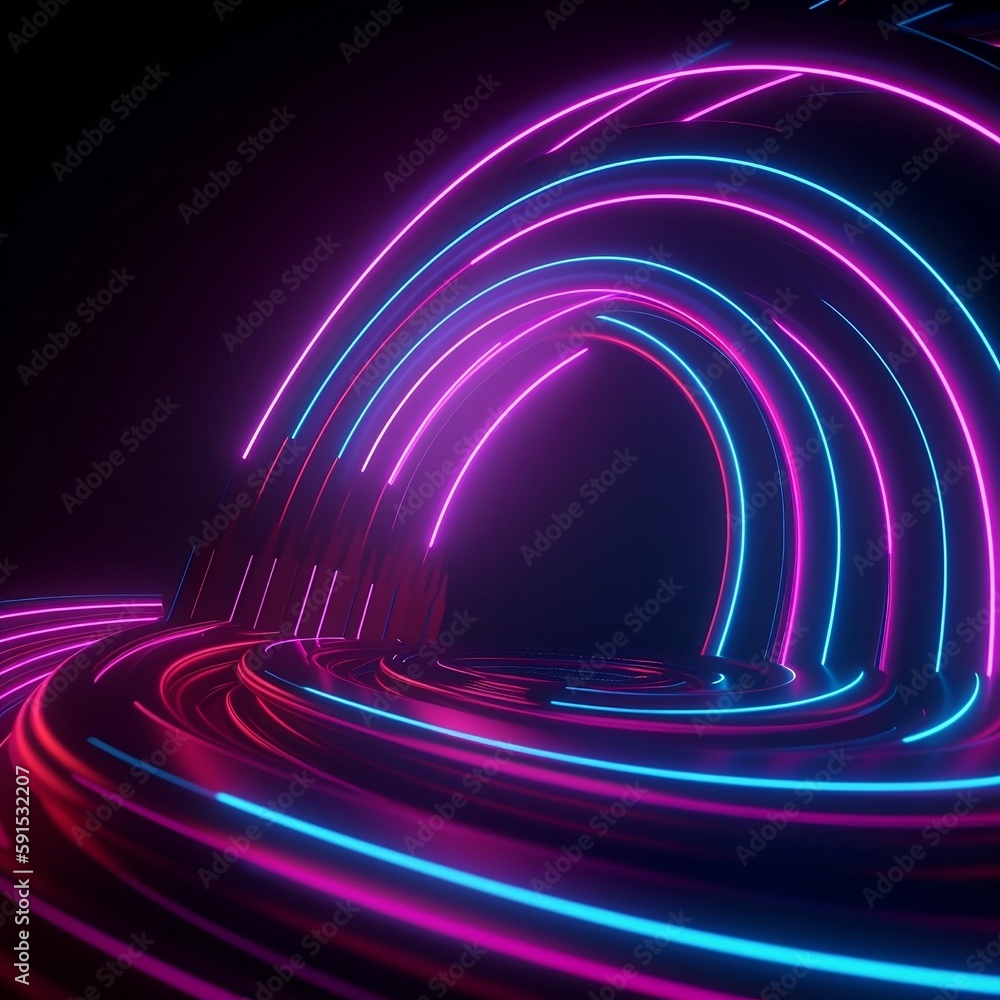 Obraz premium 3d neon line loops, spiral, tube on black background, in the style of light indigo and magenta, low depth of field, vibrant stage backdrops, stock photo, laborwave