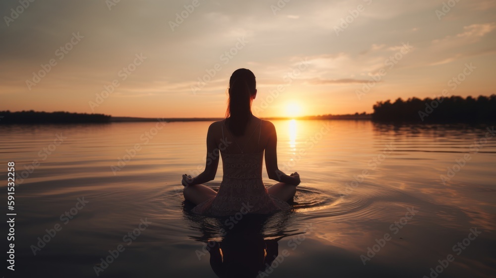 Young woman practicing yoga in mountains at sunset. Harmony, meditation, healthy lifestyle, relaxation, yoga, self care, mindfulness concept