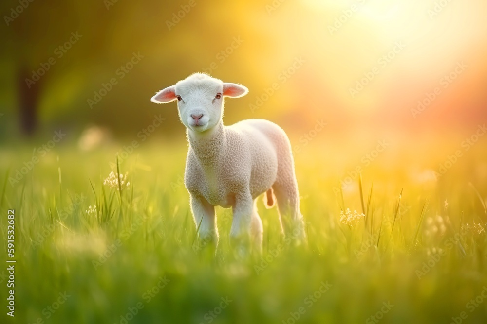 Fototapeta premium Cute little lamb on fresh spring green meadow during sunrise background