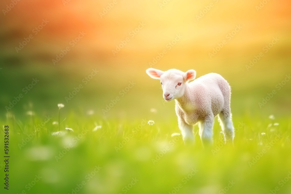 Fototapeta premium Cute little lamb on fresh spring green meadow during sunrise background