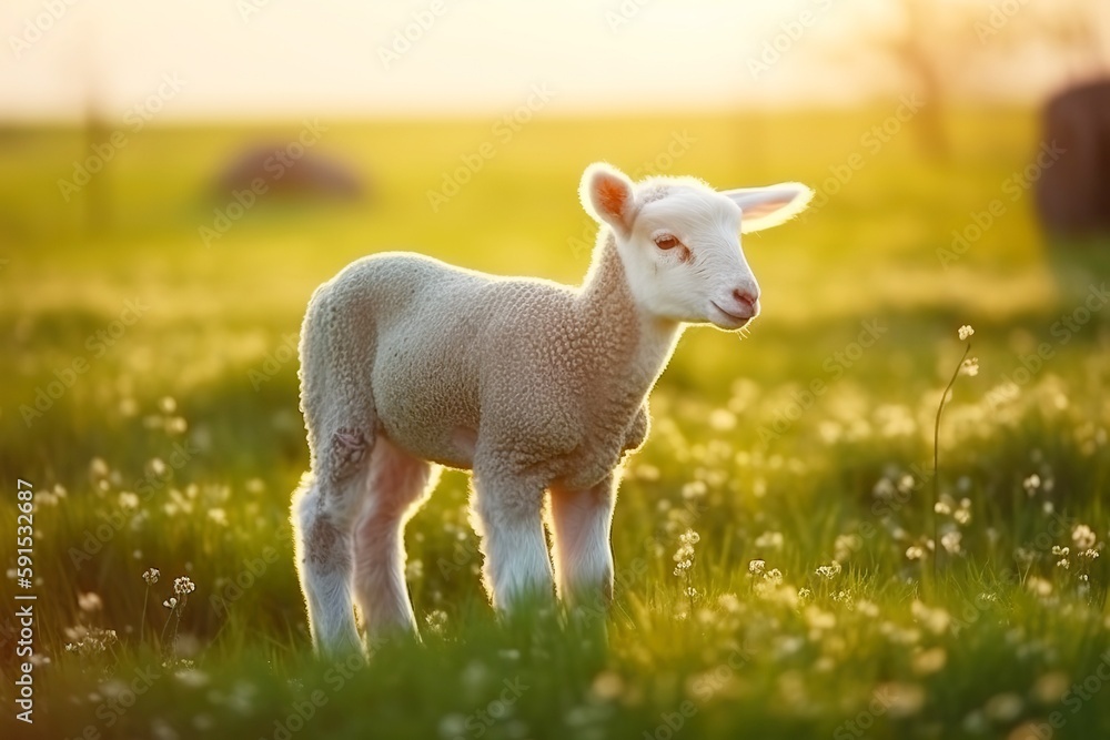 Cute little lamb on fresh spring green meadow during sunrise background Cute little lamb on fresh spring green meadow during sunrise background