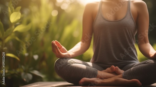 Closeup of hands of young woman sitting in lotus position meditating in the lotus pose against the background of the tropical jungle